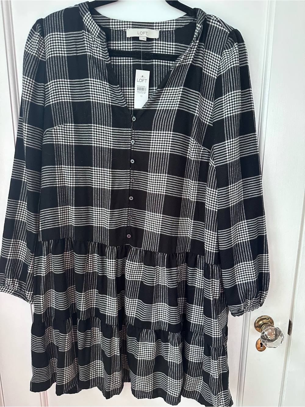 LOFT Black & White Plaid Button-Front Dress